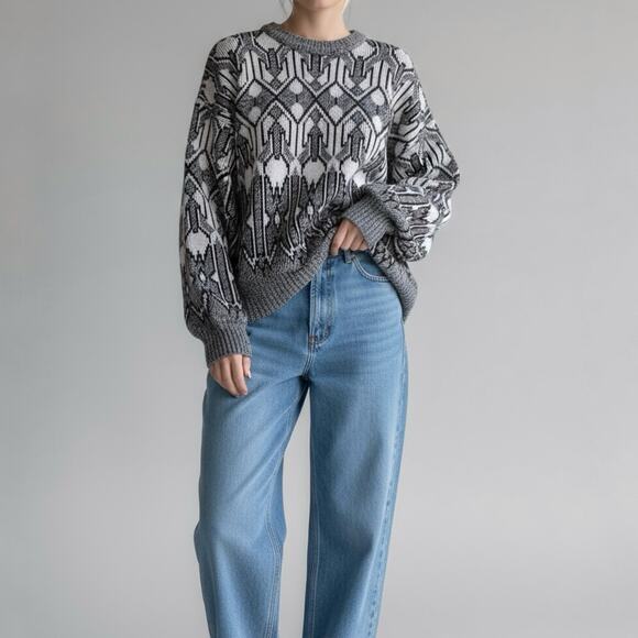 90s Coogi Style Pullover Sweater Art To Wear Geometric Monochrome Crewneck Sz M - Picture 1 of 9